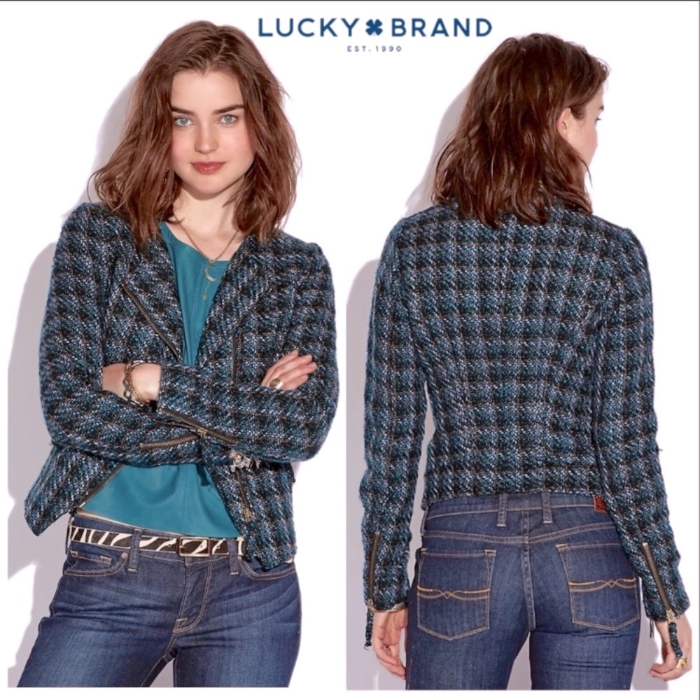 NWOT Lucky Brand Harper Tweed Moto Jacket Teal blazer